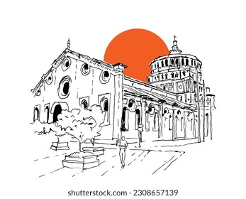 Vector hand drawn sketch illustration of Santa Maria delle Grazie, Holy Mary of Grace Church and Dominican convent in Milan, Italy