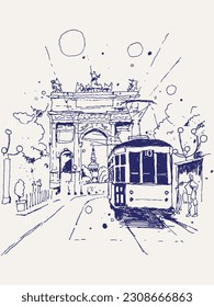 Vector hand drawn sketch illustration of the Arch of Peace, Arco della Pace in Milan, Italy.