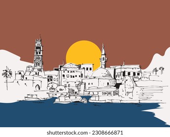 Vector hand drawn sketch illustration of the coastline of Accoi northern Israel.