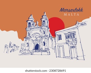 Vector hand drawn sketch illustration of the Church of Our Lady of Pompeii in Marsaxlokk, Malta.