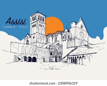 Vector hand drawn sketch illustration of the Basilica of San Francesco in Assisi, Liguria, Umbria, Italy.