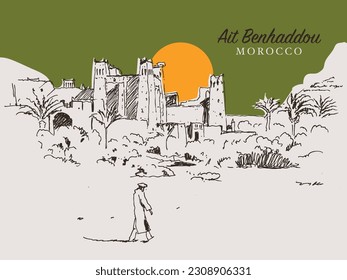 Vector hand drawn sketch illustration of Ait Benhaddou, a fortified village along the former caravan route between the Sahara and Marrakesh in Morocco.