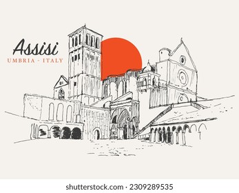 Vector hand drawn sketch illustration of the Basilica of San Francesco in Assisi, Liguria, Umbria, Italy.