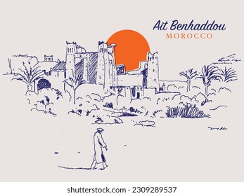 Vector hand drawn sketch illustration of Ait Benhaddou, a fortified village along the former caravan route between the Sahara and Marrakesh in Morocco.