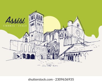 Vector hand drawn sketch illustration of the Basilica of San Francesco in Assisi, Liguria, Umbria, Italy.