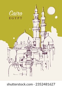 Vector hand drawn sketch illustration of minarets and domes of mosques in Cairo, Egypt.