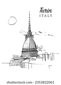 Vector hand drawn sketch illustration of the Turin city in the Piedmont region of Italy.