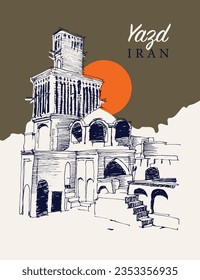 Vector hand drawn sketch illustration of Yazd city in Iran, famous for its windcatcher towers and unique architecture.