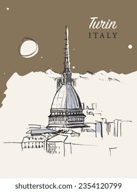 Vector hand drawn sketch illustration of the Turin city in the Piedmont region of Italy.