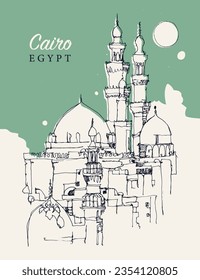 Vector hand drawn sketch illustration of minarets and domes of mosques in Cairo, Egypt