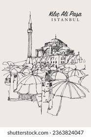 Vector hand drawn sketch illustration of Kilic Ali Pasha Mosque in Karakoy, Istanbul, Turkiye.