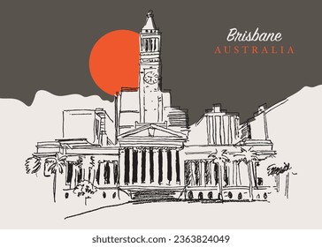 Vector hand drawn sketch illustration of the city council building of Brisbane, Queensland, Australia.