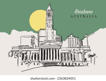 Vector hand drawn sketch illustration of the city council building of Brisbane, Queensland, Australia.