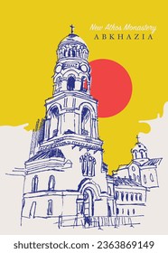 Vector hand drawn sketch illustration of the New Athos Monastery in Abkhazia