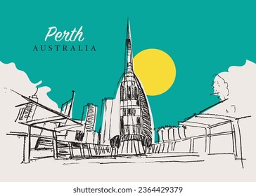 Vector hand drawn sketch illustration of the Swan Bells, a modern bell tower in Perth, Western Australia.