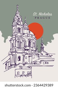 Vector hand drawn sketch illustration of St. Nicholas Church in Prague, Czechia.