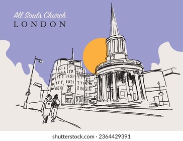 Vector hand drawn sketch illustration of the All Souls Church is an evangelical Anglican church in central London, UK svg