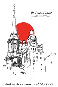 Vector hand drawn sketch illustration of the steeple of St. Paul's Chapel in Manhattan, New York City, USA.