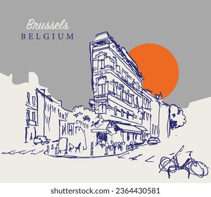 Vector hand drawn sketch illustration of a street in Brussels, Belgium