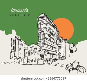 Vector hand drawn sketch illustration of a street in Brussels, Belgium