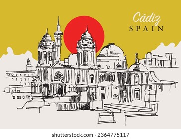 Vector hand drawn sketch illustration of Cadiz cityscape, Andalusia, Spain.