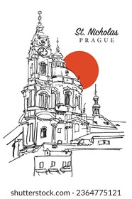 Vector hand drawn sketch illustration of St. Nicholas Church in Prague, Czechia.