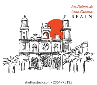 Vector hand drawn sketch illustration of the Cathedral of Santa Ana in Las Palmas, Gran Canaria, Spain