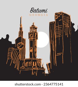 Handgezeichnete Vektorgrafik der Wolkenkratzer und des Chacha Tower in Batumi, Georgia.