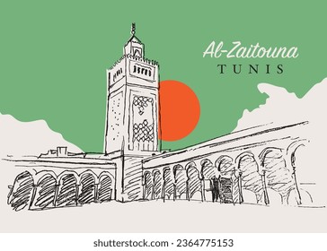 Vector hand drawn sketch illustration of Al Zaytouna Mosque in Tunis city, the capital of Tunisia, North Africa