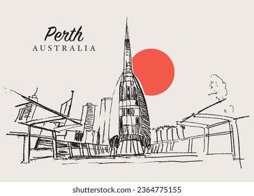 Vector hand drawn sketch illustration of the Swan Bells, a modern bell tower in Perth, Western Australia.