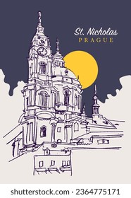 Vector hand drawn sketch illustration of St. Nicholas Church in Prague, Czechia.