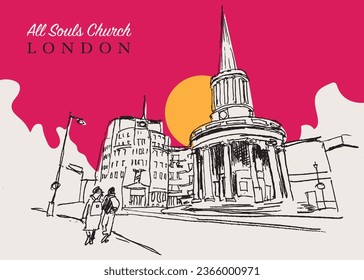 Vector hand drawn sketch illustration of the All Souls Church is an evangelical Anglican church in central London, UK svg