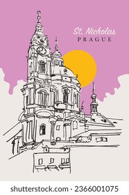 Vector hand drawn sketch illustration of St. Nicholas Church in Prague, Czechia.