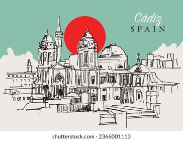 Vector hand drawn sketch illustration of Cadiz cityscape, Andalusia, Spain.