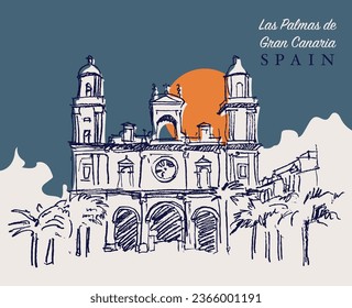 Vector hand drawn sketch illustration of the Cathedral of Santa Ana in Las Palmas, Gran Canaria, Spain