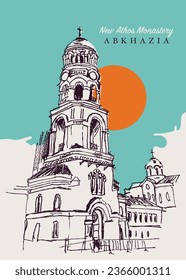 Vector hand drawn sketch illustration of the New Athos Monastery in Abkhazia