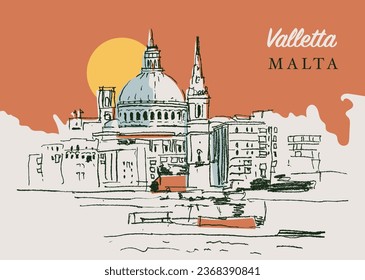 Vector hand drawn sketch illustration of the dome of St. Paul's cathedral in Valletta, the capital of Malta.