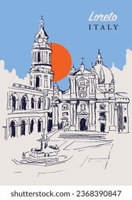 Vector hand drawn sketch illustration of the Basilica della Santa Casa in Loreto, Italy.