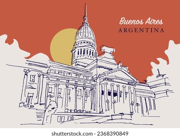 Vector hand drawn sketch illustration of the House of Representatives of Argentina in Buenos Aires.