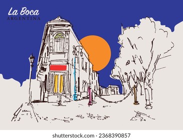 Esbozo dibujado a mano vectorial ilustra una calle tradicional en La Boca, Argentina.