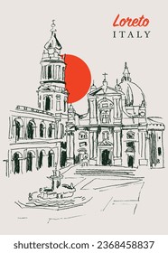 Vector hand drawn sketch illustration of the Basilica della Santa Casa in Loreto, Italy.