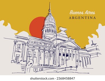 Vector hand drawn sketch illustration of the House of Representatives of Argentina in Buenos Aires.