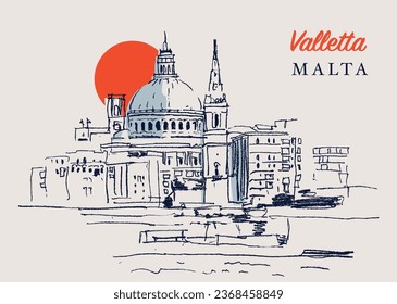 Vector hand drawn sketch illustration of the dome of St. Paul's cathedral in Valletta, the capital of Malta.