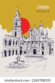 Vector hand drawn sketch illustration of the Basilica della Santa Casa in Loreto, Italy.