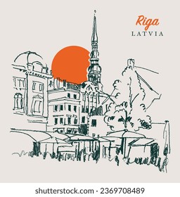 Vector hand drawn sketch illustration of a street in Riga, the capital of Latvia.