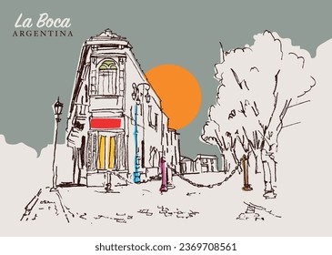 Vector hand drawn sketch illustration of a traditional street in La Boca, Argentina.