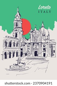 Vector hand drawn sketch illustration of the Basilica della Santa Casa in Loreto, Italy.