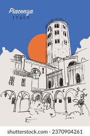 Dibujo gráfico a mano vectorial de la iglesia de Sant'Antonio en Piacenza, Emilia-Romaña, Italia.