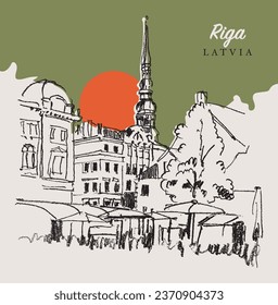 Vektorhandgezeichnete Skizze einer Straße in Riga, der Hauptstadt von Lettland.