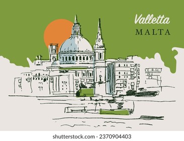 Vector hand drawn sketch illustration of the dome of St. Paul's cathedral in Valletta, the capital of Malta.